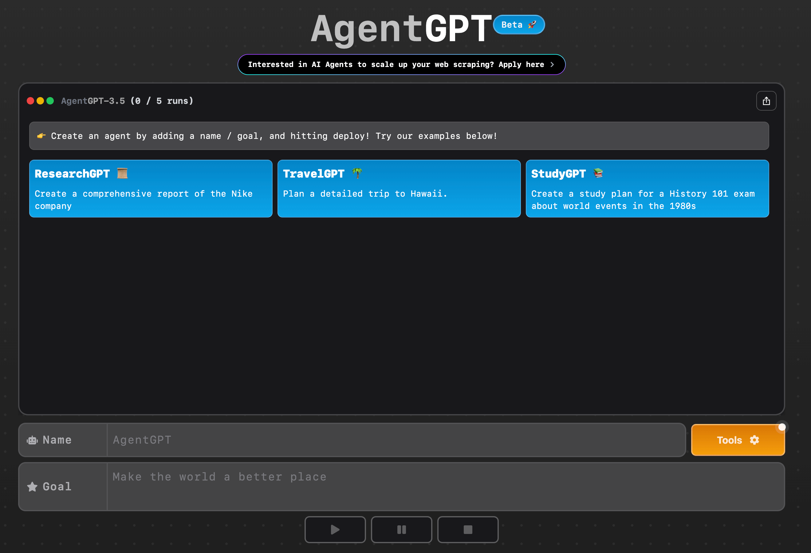 AgentGPT homepage: Deploy anonymous AI agents directly in the browser