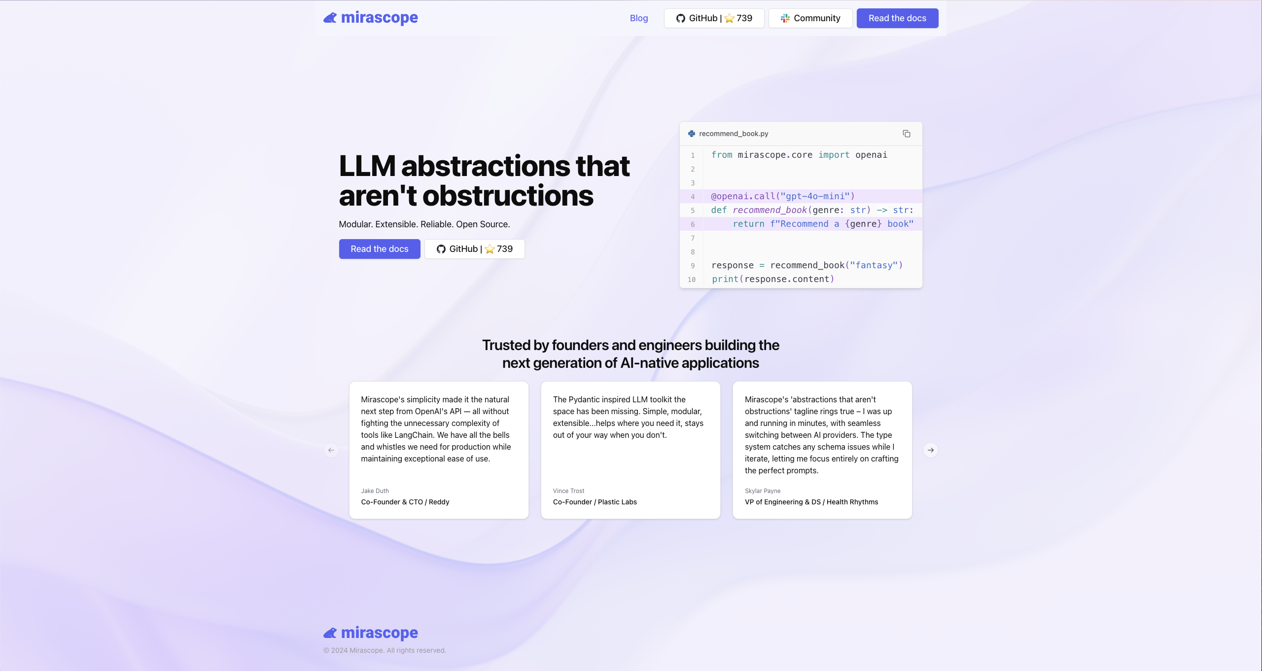 Mirascope homepage: LLM abstractions that aren't obstructions