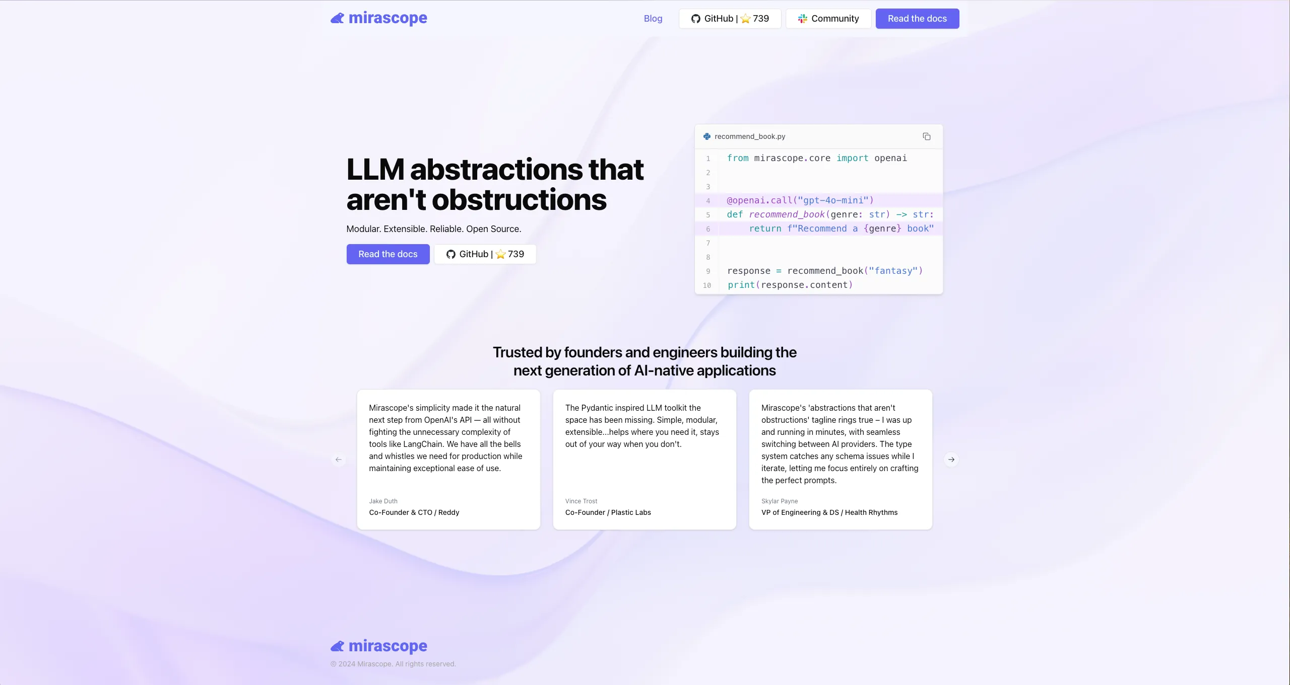 Mirascope homepage: An intuitive approach to building with LLMs