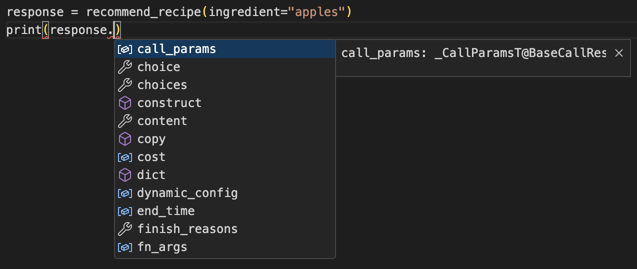 Example of Mirascope autocomplete suggestions for response properties