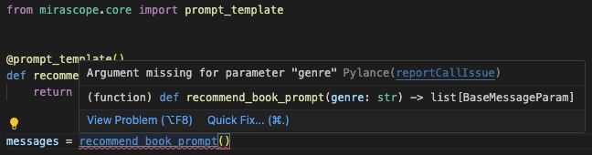 Mirascope Prompt Function Missing Argument