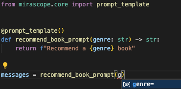 Mirascope Prompt Template Autocomplete Suggestion