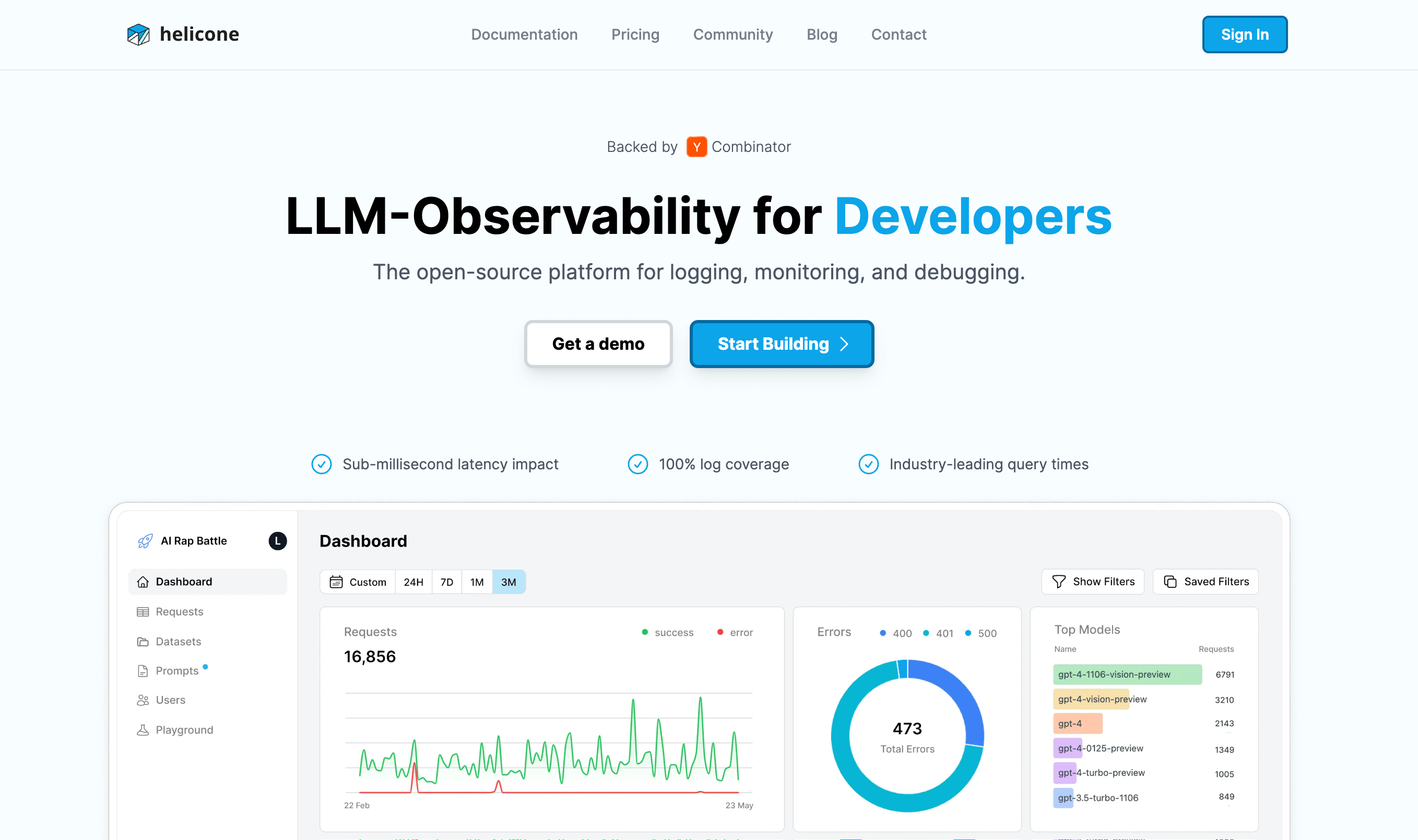 Helicone homepage: LLM-Observability for Developers