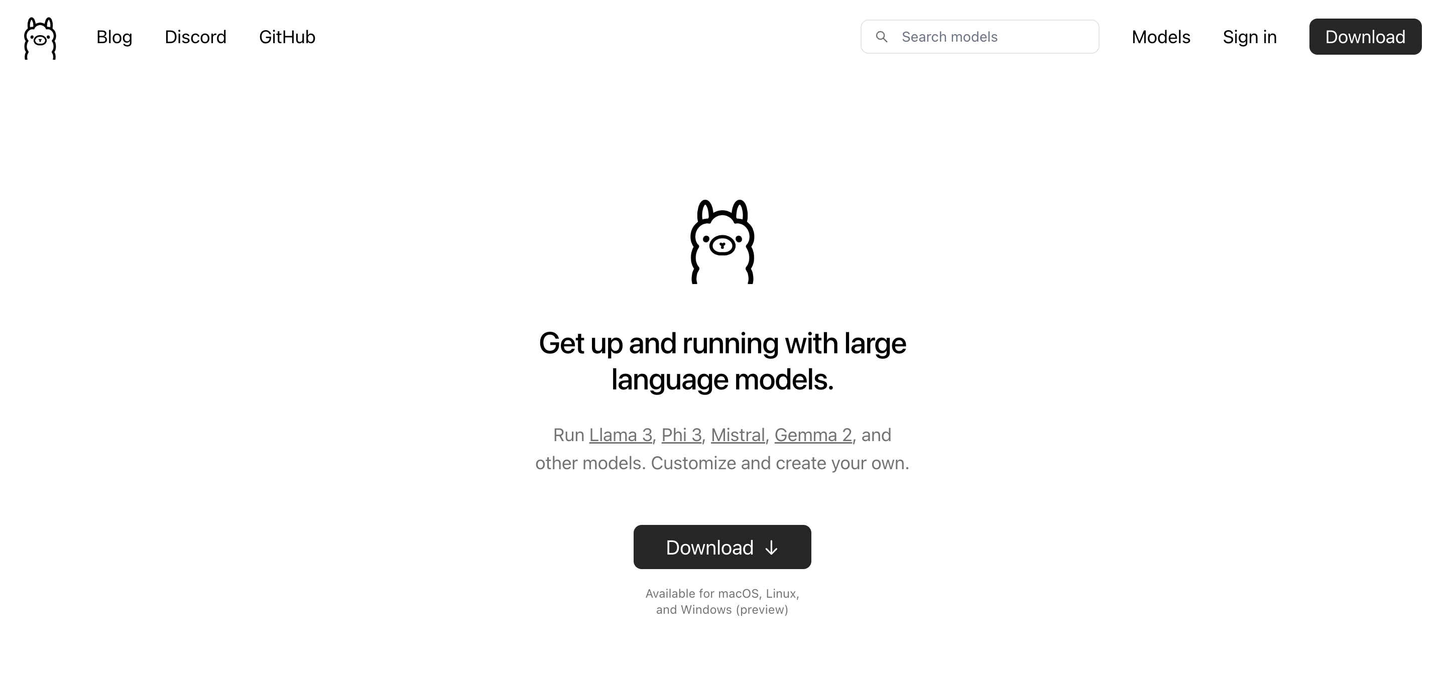 Ollama homepage: Get up and running with large language models.