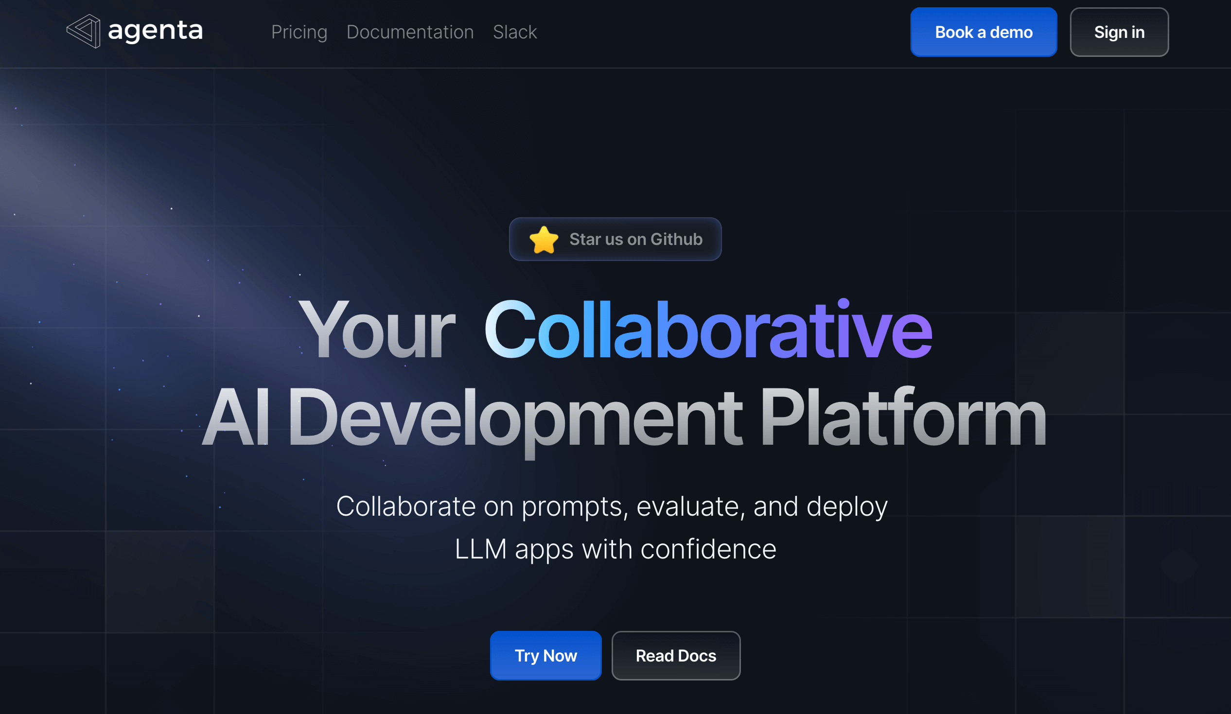 Agenta homepage: Your Collaborative AI Development Platform