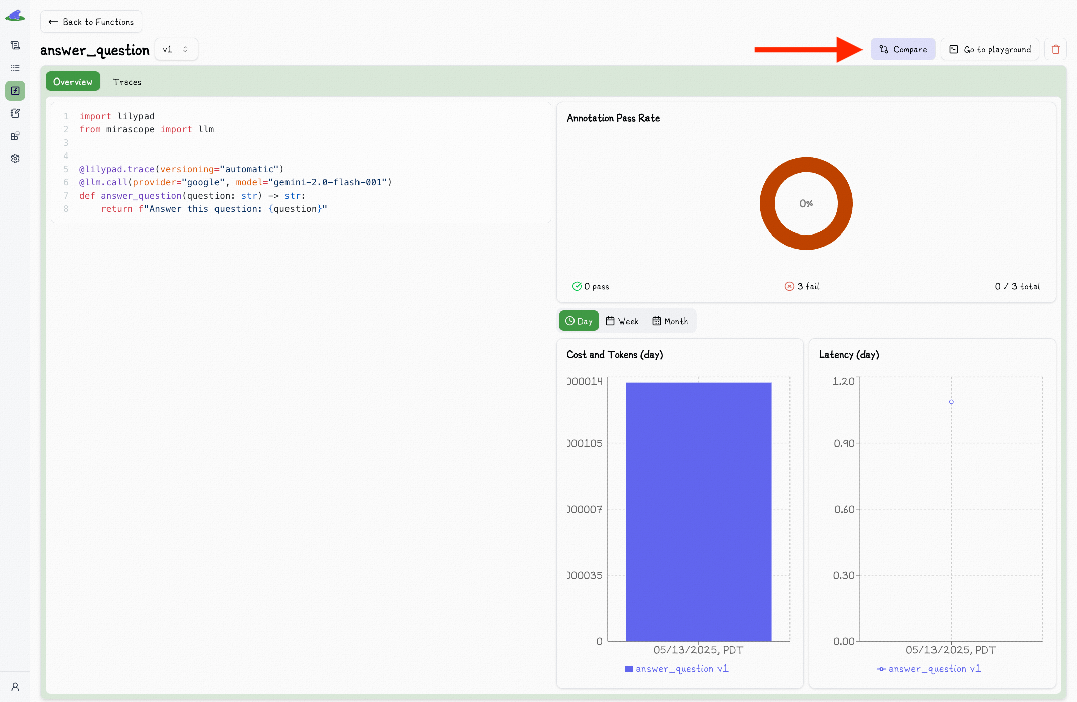 Click Compare Button For Function Versions