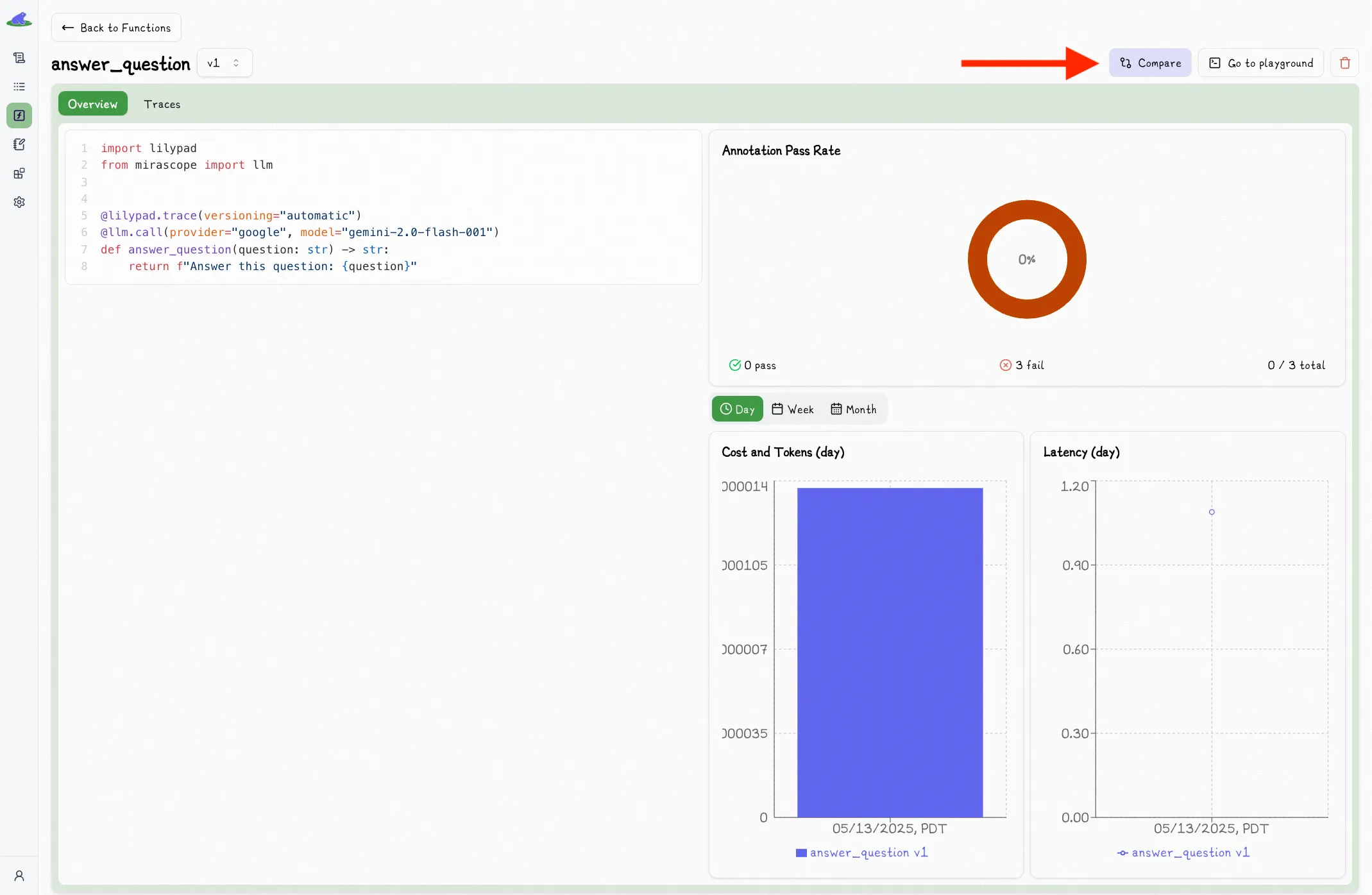 Click Compare Button For Function Versions